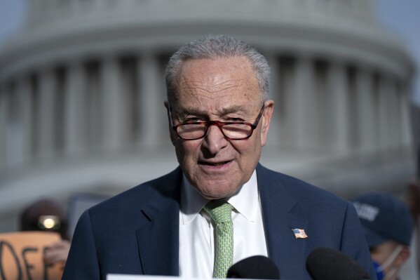Senate Minority Leader Chuck Schumer D-N.Y., speaks during "Hands Off Social Security " rally on Capitol Hill in Washington, Monday, May 5, 2025. (AP Photo/Jose Luis Magana)