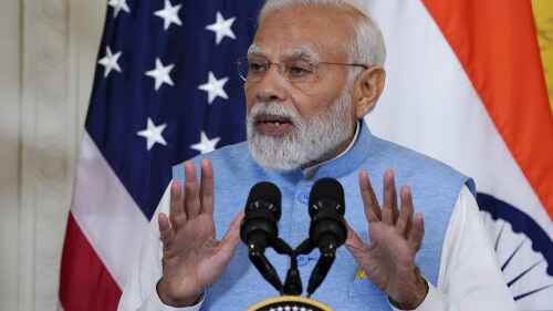 India's Prime Minister Narendra Modi speaks during a news conference with President Joe Biden in the East Room of the White House in Washington, Thursday, June 22, 2023. (AP Photo/Jacquelyn Martin)