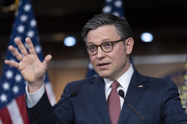 Speaker of the House Mike Johnson, R-La., and the House Republican leadership meet with reporters as lawmakers work to pass the final set of spending bills to avoid a partial government shutdown, at the Capitol in Washington, Wednesday, March 20, 2024. (AP Photo/J. Scott Applewhite)