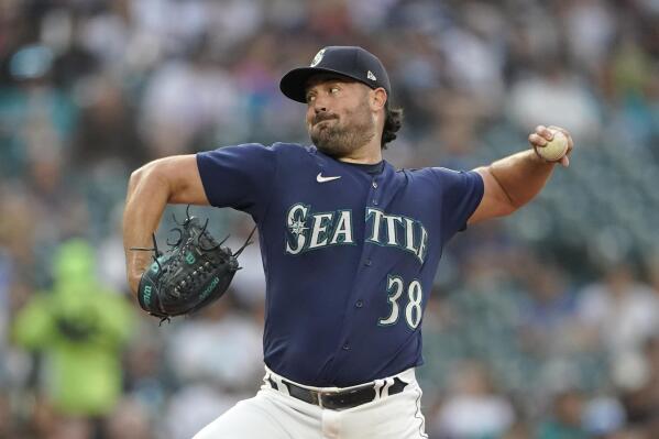 Seattle Mariners starting pitcher Robbie Ray throws against the Washington Nationals during the first inning of a baseball game, Tuesday, Aug. 23, 2022 in Seattle. (AP Photo/Ted S. Warren)