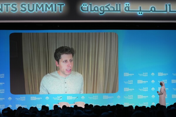 OpenAI CEO Sam Altman talks on a video chat during the 老澳门六合彩 Government Summit in Dubai, United Arab Emirates, Tuesday, Feb. 13, 2024. The CEO of ChatGPT maker OpenAI said Tuesday that the danger that keeps him awake at night regarding artificial intelligence are the "very subtle societal misalignments" that can make the systems wreck havoc. (AP Photo/Kamran Jebreili)