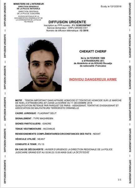 
              This undated handout photo provided by the French police, shows Cherif Chekatt, the suspect in the shooting in Strasbourg, France on Tuesday Dec. 11, 2018. Police union officials identified the suspected assailant as Cherif Chekatt, a 29-year-old with a thick police record for crimes including armed robbery and monitored as a suspected religious radical by the French intelligence services. The suspect sprayed gunfire near the famous Christmas market in the eastern French city, killing three people, wounding up to a dozen and sparking a massive manhunt when he got away. (French Police via AP)
            