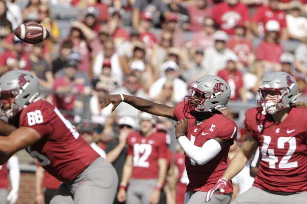 Washington State quarterback Cameron Ward (1) throws a pass during the first half of an NCAA college football game against Northern Colorado, Saturday, Sept. 16, 2023, in Pullman, Wash. (AP Photo/Young Kwak)