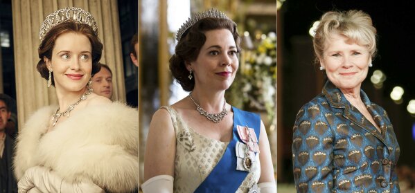 This combination photo shows Claire Foy, as the young Queen Elizabeth II, Olivia Colman as Queen Elizabeth II in later years and Imelda Staunton, who will be the third and final actress to portray the British monarch on the Netflix series 