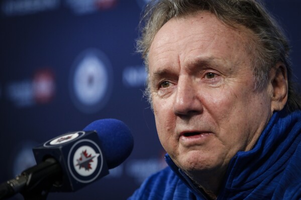 Winnipeg Jets head coach Rick Bowness speaks during an NHL hockey press conference in Winnipeg, Manitoba, Thursday, May 2, 2024. (John Woods/The Canadian Press via AP)