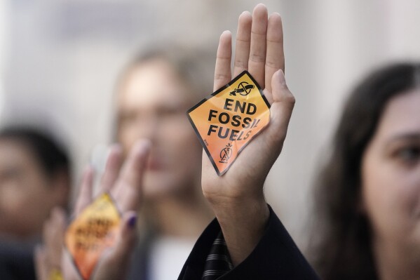 FILE - Demonstrators display signs reading "end fossil fuels" at the COP28 U.N. Climate Summit, Saturday, Dec. 2, 2023, in Dubai, United Arab Emirates. (AP Photo/Joshua A. Bickel)