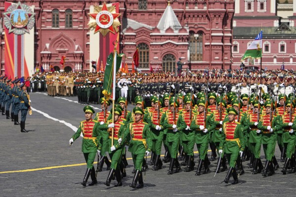 Turkmenistan servicemen attend the Victory Day military parade in Moscow, Russia, Friday, May 9, 2025, during celebrations of the 80th anniversary of the Soviet Union's victory over Nazi Germany during the World War II. (AP Photo/Alexander Zemlianichenko)