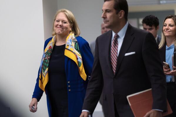 Conservative activist Virginia "Ginni" Thomas, walks during a break in a voluntary interview with the House panel investigating the Jan. 6 insurrection, at Thomas P. O'Neill Jr. House Office Building, Thursday, Sept. 29, 2022, in Washington. The committee has for months sought an interview with Thomas in an effort to know more about her role in trying to help former President Donald Trump overturn his election defeat. She texted with White House chief of staff Mark Meadows and contacted lawmakers in Arizona and Wisconsin in the weeks after the election. (AP Photo/Manuel Balce Ceneta)