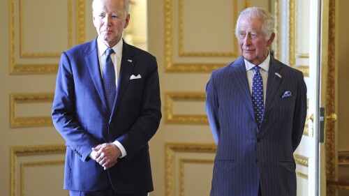 U.S. President Joe Biden, left, and Britain's King Charles III meet inside Windsor Castle, England, Monday July 10, 2023. (Chris Jackson/Pool via AP)