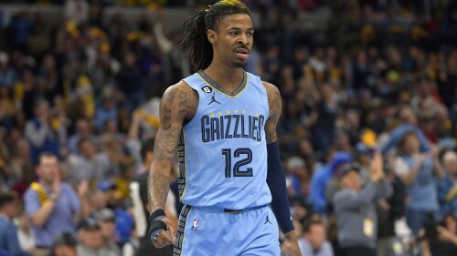 FILE - Memphis Grizzlies guard Ja Morant (12) plays during the second half of Game 5 in a first-round NBA basketball playoff series against the Los Angeles Lakers, Wednesday, April 26, 2023, in Memphis, Tenn. Morant has been suspended for the first 25 games of the upcoming season for his second known incident of displaying what appeared to be a firearm on social media, the NBA announced Friday, June 16, 2023. (AP Photo/Brandon Dill, File)