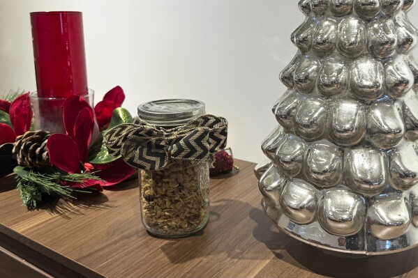 This Dec. 19, 2023 image shows a jar of homemade granola given as a gift in Larchmont, New York. (Julia Rubin via AP)
