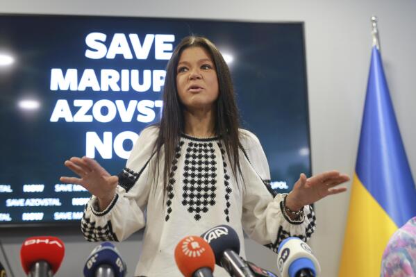 Ruslana, Ukrainian singer and former Eurovision song contest winner, speaks during a news conference in Istanbul, Turkey, Monday, May 16, 2022. Ruslana appealed to Turkey’s president on Monday to save Ukrainian fighters from the besieged city of Mariupol amid Russia's war. (AP Photo/Mucahid Yapici)