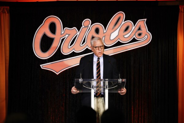 Baltimore Orioles majority owner David Rubenstein speaks at a press conference prior to a baseball game against the Los Angeles Angels, Thursday, March 28, 2024, in Baltimore. (AP Photo/Julia Nikhinson)