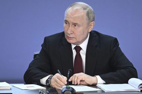 Russian President Vladimir Putin attends the annual meeting of Russian Interior Ministry Board in Moscow, Russia, Tuesday, April 2, 2024. (Pavel Bednyakov, Sputnik, Kremlin Pool Photo via AP)