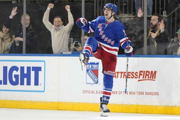 New York Rangers center Filip Chytil reacts after scoring the game winning goal during overtime of an NHL hockey game against the New Jersey Devils, Monday, Dec. 12, 2022, at Madison Square Garden in New York. The Rangers won 4-3. (AP Photo/Mary Altaffer)