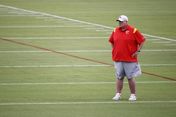 Kansas City Chiefs head coach Andy Reid watches a morning workout at the team's NFL football training camp facility at Missouri Western State University in St. Joseph, Mo., Sunday, July 24, 2022. (AP Photo/Colin E. Braley)