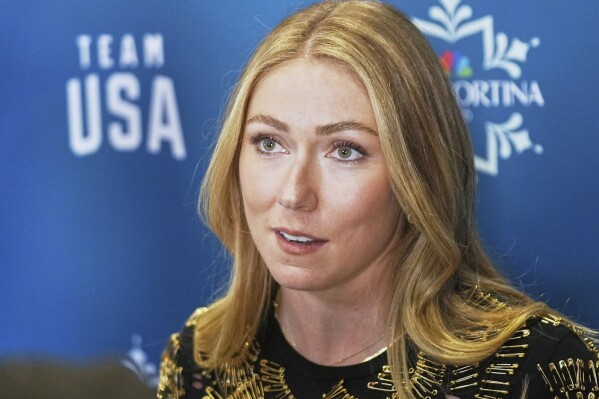 Mikaela Shiffrin, U.S. World Cup alpine skier, is interviewed at a NBCUniversal and U.S. Olympic & Paralympic Committee press preview event to promote the upcoming Milano Cortina 2026 Olympic and Paralympic Winter Games, Wednesday, May 21, 2025, in Los Angeles. (AP Photo/Damian Dovarganes)