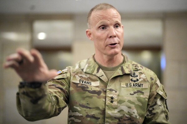 FILE - U.S. Maj. Gen. Marcus Evans, Commanding General of the U.S. Army's 25th Infantry Division, gestures during an interview with The Associated Press on Feb. 8, 2024, in Manila, Philippines. The U.S. Army is introducing a new joint battlefield training in the Philippines aimed at boosting combat readiness and efficiency, including the adequate provision of ammunition and other supplies in difficult tropical jungle and archipelagic conditions, Evans said Sunday, April 7, 2024. (AP Photo/Aaron Favila, File)