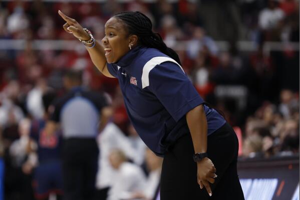 Mississippi coach Yolett McPhee-McCuin gestures during the first half of the team's second-round college basketball game against Stanford in the women's NCAA Tournament, Sunday, March 19, 2023, in Stanford, Calif. (AP Photo/Josie Lepe)