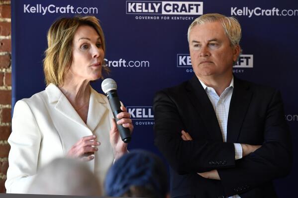 Kentucky republican gubernatorial candidate Kelly Craft, left, responds to a question as Rep. James Comer, R-Ky., looks on during a question and answer session during a campaign stop in Elizabethtown, Ky., Wednesday, April 12, 2023. (AP Photo/Timothy D. Easley)