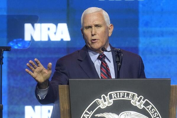 Former Vice President Mike Pence speaks during at the National Rifle Association Convention, Friday, April 14, 2023, in Indianapolis. (AP Photo/Darron Cummings)