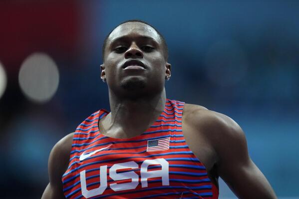 FILE - Christian Coleman, of the United States, finishes a men's 60 meters heat at the World Athletics Indoor Championships in Belgrade, Serbia, Saturday, March 19, 2022. American sprinter Christian Coleman is steadily getting up to speed after an 18-month ban that kept him out of the Tokyo Games last summer. This weekend at the Prefontaine Classic will be the first step in what could be a long and fruitful run in Eugene, Oregon, for the 100-meter world champion. (AP Photo/Petr David Josek, File)