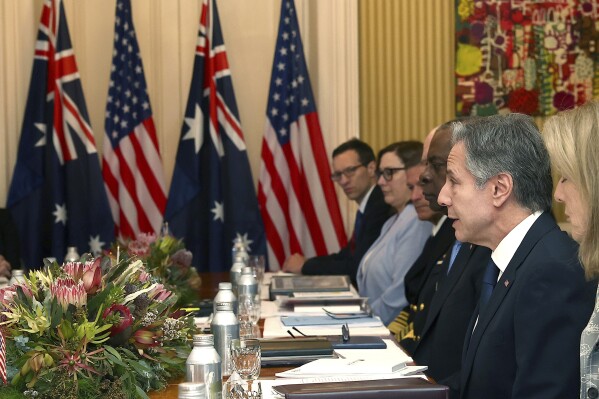 U.S. Secretary of State Antony Blinken talks to Australian Minister of Defense Richard Marles and Australian Foreign Minister Penny Wong during Session I at Queensland Government House in Brisbane, Australia, Saturday, July 29, 2023. (Pat Hoelscher/Pool Photo via AP)