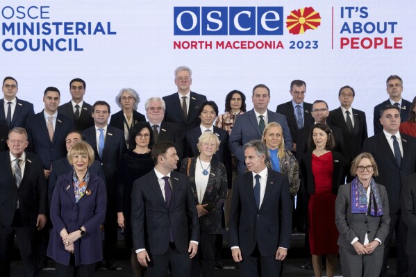 US Secretary of State Antony Blinken, front center right, and North Macedonia Foreign Minister Bujar Osmani, front center left, pose for a group photo with foreign ministers and officials during an Organization for Security and Co-operation in Europe (OSCE) meeting in Skopje, North Macedonia, Wednesday Nov. 29, 2023. (Saul Loeb/Pool via AP)