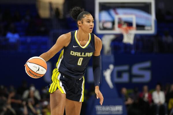 Dallas Wings forward Satou Sabally brings the ball up during the team's WNBA basketball game against the Phoenix Mercury, June 7, 2023, in Arlington, Texas. Satou and Nyara Sabally were never competitive against each other growing up in Germany. Their mom made sure of that. The sisters, two years apart in age, will play against each other for the first time ever when Dallas visits New York on Sunday. (AP Photo/Tony Gutierrez)