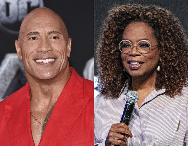 FILE - Dwayne Johnson attends the world premiere of "Black Adam" in New York on Oct. 12, 2022, left, and Oprah Winfrey appears at the Essence Festival of Culture in New Orleans on June 30, 2023. The nonprofit Entertainment Industry Foundation says the People's Fund of Maui, which was started by Winfrey and Johnson to benefit survivors of the wildfires last summer, has given away almost $60 million over six months to 8,100 adults. (AP Photo)