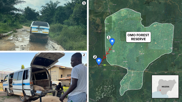 A van transports cocoa out of the conservation zone of Omo Forest Reserve in Nigeria. The van that left the conservation zone unloads cocoa at what company staffers, a farmer and a licensed buying agent said was a facility belonging to major global cocoa supplier Olam near the entrance of the reserve.