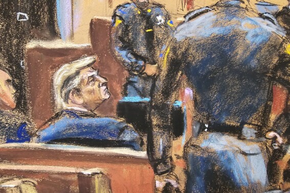 Former U.S. President Donald Trump sits beside his lawyer Emil Bove during jury selection of his criminal trial on charges that he falsified business records to conceal money paid to silence porn star Stormy Daniels in 2016, in Manhattan state court in New York City, Friday, April 19, 2024, in this courtroom sketch. (Jane Rosenberg via AP, Pool)