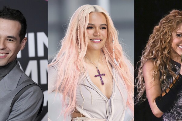 This combination of photos shows producer and songwriter Édgar Barrera, performer Karol G, center, and Shakira, who have been nominated for the most 2023 Latin Grammy nominations. Barrera received 13, and Karol G and Shakira received 7 each. (AP Photo)