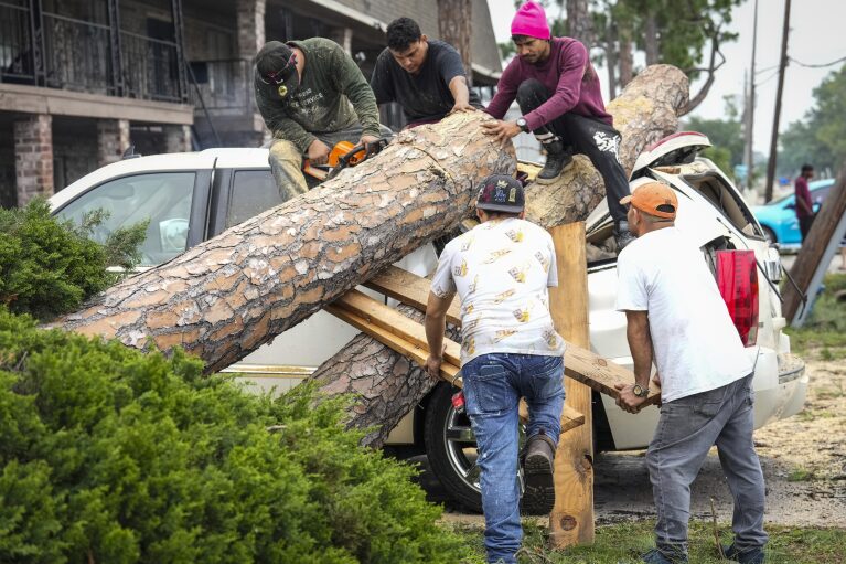 Los equipos de servicio de árboles se suben a la cima de una camioneta para talar un árbol que cayó sobre él en un complejo de apartamentos en la cuadra 4600 de Sherwood luego de una tormenta severa el viernes 17 de mayo de 2024 en Houston.  (Brett Coomer/Houston Chronicle vía AP)