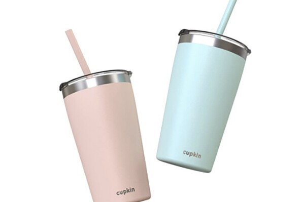 This photo provided by the U.S. Consumer Product Safety Commission shows CUPKIN Double-Walled Stainless Steel Children’s Cups. More than 345,000 children's cups are being recalled due to lead levels that exceed the federal content ban, the U.S. Consumer Product Safety Commission said Thursday, July 20, 2023. Soojimus is recalling 8-ounce and 12-ounce models of its Cupkin Double-Walled Stainless Steel Children’s Cups — sold in various colors on Amazon and the Cupkin website from 2018 through March of this year, per the CPSC. (U.S. Consumer Product Safety Commission via AP)