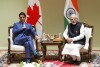 Premier Justin Trudeau neemt deel aan een bilaterale ontmoeting met de Indiase premier Narendra Modi tijdens de G20-top in New Delhi, India op zondag 10 september 2023. Premier Justin Trudeau zei dat Canada niet van plan is de spanningen te laten escaleren, maar India verzocht om Dinsdag 19 september 2023. September om de moord op een Sikh-activist serieus te nemen nadat India de belachelijke beschuldigingen had beschreven dat de Indiase regering er mogelijk bij betrokken was.  (Sean Kilpatrick/De Canadese pers via AP)