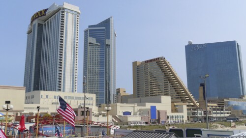 The Hard Rock casino, left, Showboat hotel, center, and Ocean casino, right, are shown on June 15, 2023 in Atlantic City, N.J. New Jersey lawmakers on Tuesday, June 27, 2023, moved closer to extending New Jersey's internet gambling law for another 10 years. (AP Photo/Wayne Parry)