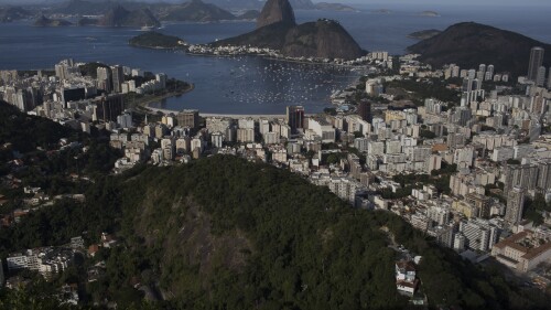 FILE - Sugarloaf mountain and Guanabara Bay are seen in Rio de Janeiro, Brazil, July 8, 2016. The number of violent deaths in 2022 reached the lowest level in more than a decade, according to a July 20, 2023 report by Brazilian researchers at the Brazilian Forum on Public Safety, an independent group that tracks crimes. (AP Photo/Leo Correa, File)