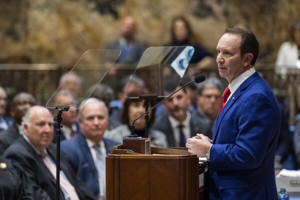 Gov. Jeff Landry speaks during the start of the special session in the House Chamber on Monday, Jan. 15, 2024, in Baton Rouge, La. (Michael Johnson/The Advocate via AP, Pool)