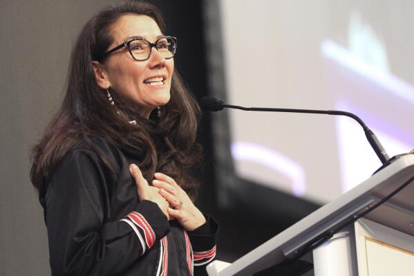 U.S. Win. Mary Peltola provides the keynote tackle on the Alaska Federation of Natives conference in Anchorage, Alaska, on Thursday, Oct. 20, 2022. (AP Listing/Tag Thiessen)