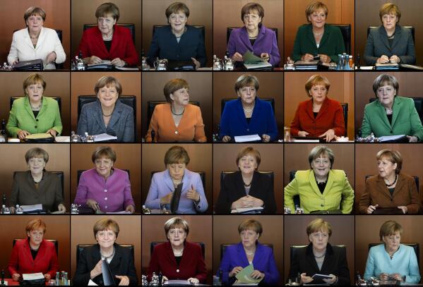 FILE - In this combo from file photos taken between 2009 and 2016 German Chancellor Angela Merkel is shown wearing her iconic blazers in different colors, as she leads the weekly cabinet meeting at the chancellery in Berlin. Angela Merkel, Germany’s first female chancellor, has been praised by many for her pragmatic leadership in a turbulent world and celebrated by some as a feminist icon. But a look at her track record in fighting gender inequality in 16 years running Germany reveals missed opportunities in promoting women's issues. (AP Photos/Markus Schreiber, file)