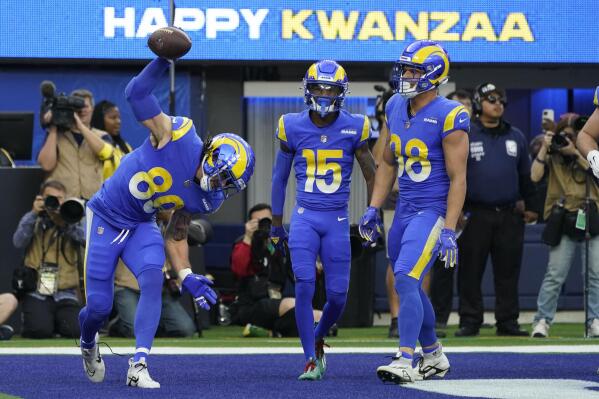 Los Angeles Rams tight end Tyler Higbee celebrates after scoring during the first half of an NFL football game between the Los Angeles Rams and the Denver Broncos on Sunday, Dec. 25, 2022, in Inglewood, Calif. (AP Photo/Marcio J. Sanchez)