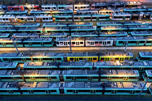 Subway trains are parked in a subway depot in Frankfurt, Germany, Friday, Feb. 2, 2024, as employees of public transport in Germany went on a one-day warning strike. (AP Photo/Michael Probst)