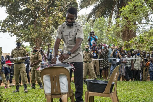 Uganda's leading opposition challenger Bobi Wine votes in Kampala, Uganda, Thursday, Jan. 14, 2021. Ugandans are voting in a presidential election tainted by widespread violence that some fear coul...