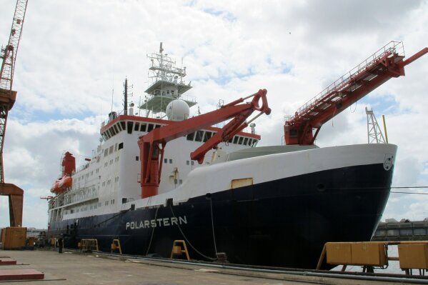 FILE - In this Wednesday, July 3, 2019 file photo the German Arctic research vessel Polarstern is docked for maintenance in Bremerhaven, Germany. The icebreaker carrying scientists on a year-long international effort to study the high Arctic has returned to its home port in Germany. The RV Polarstern arrived Monday in the North Sea port of Bremerhaven. (AP Photos/Frank Jordans)