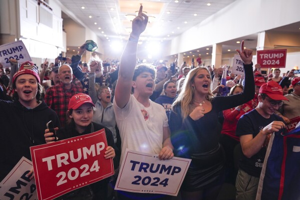 Supporters cheer as Republican presidential candidate former President Donald Trump speaks at a campaign event in Atkinson, N.H., Tuesday, Jan. 16, 2024. (AP Photo/Matt Rourke)