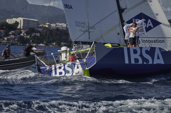 Transat Jacques Vabre: Alberto Bona and Pablo Santurde del Arco on the Class40 IBSA after crossing the finish line in Fort-de-France, Martinique (©IBSA | Beppe Raso)