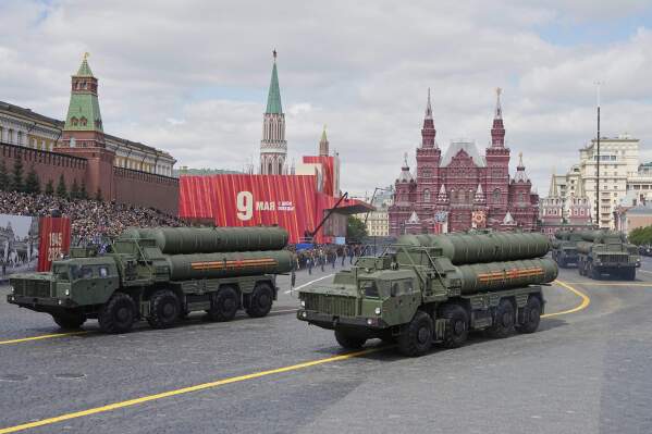 Russian S-400 anti-aircraft missile system launchers roll during the Victory Day military parade in Moscow, Russia, Friday, May 9, 2025, during celebrations of the 80th anniversary of the Soviet Union's victory over Nazi Germany during the World War II. (AP Photo/Alexander Zemlianichenko)