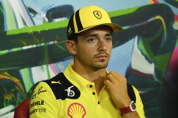 Ferrari driver Charles Leclerc of Monaco gestures during a news conference at the Monza racetrack, in Monza, Italy, Thursday, Sept. 8, 2022. The Formula one race will be held on Sunday. (AP Photo/Luca Bruno)
