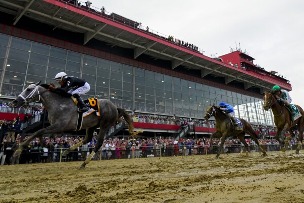 Jaime Torres, left, atop Seize The Grey, crosses the finish line in front of Flavien Prat, center, atop Catching Freedom, and Brian Hernandez, Jr., atop Mystik Dan, while winning the Preakness Stakes horse race at Pimlico Race Course, Saturday, May 18, 2024, in Baltimore. (AP Photo/Julio Cortez)